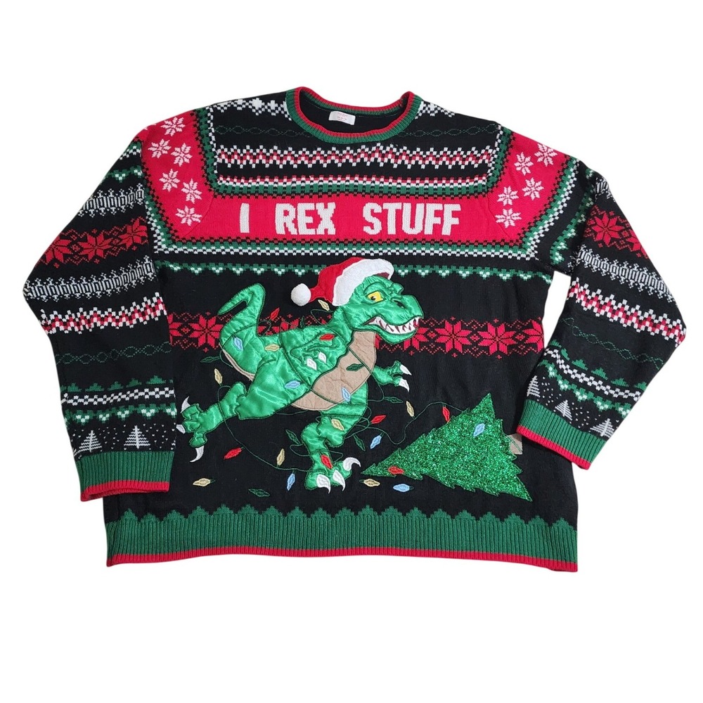 Holiday Time I Rex Stuff T-Rex Christmas Sweater Mens 3XL Black Red Fair Isle